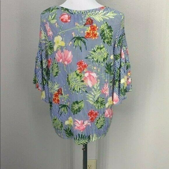 Allison Brittney Floral & Striped Blouse With Flared Sleeves Womens L‎ - Picture 3 of 9